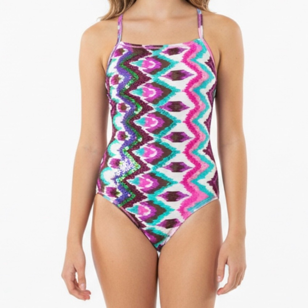 sz 8 NEW Submarine 1pc Elegant Vibrant Ikat Sequined Girls Swimsuit Purple Green